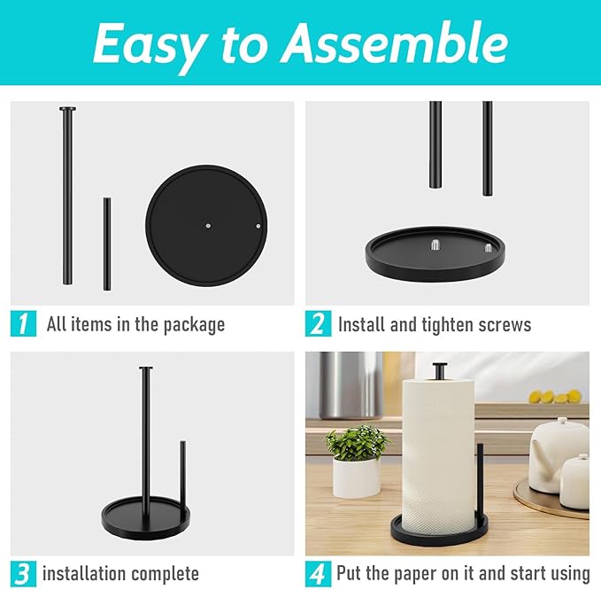 Paper Towel Holder Countertop, Standing Paper Roll Holder with Anti Slip Weighted Base, Stainless Steel Freestanding Paper Towel Holder for Kitchen, Black
