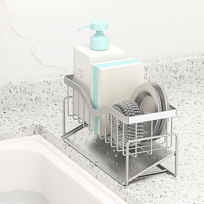 MINGFANITY Kitchen Sink Caddy Sponge Holder, Quick Draining, SUS 304 Stainless Steel Sponge Organizer, Basket for Cleaning and Scrub Tool, Kitchen Sink Brush Caddy Holder