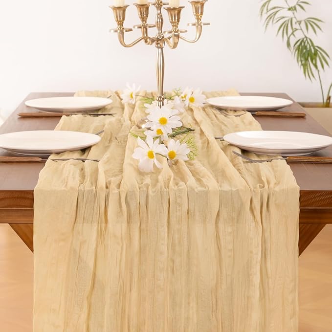 Socomi Gold Champagne Cheesecloth Table Runner Summer Boho Rustic Gauze 120 inch 10FT Cheese Cloth Sheer Runner for Wedding Party Baby Shower Birthday Home Decor Holiday Decorations