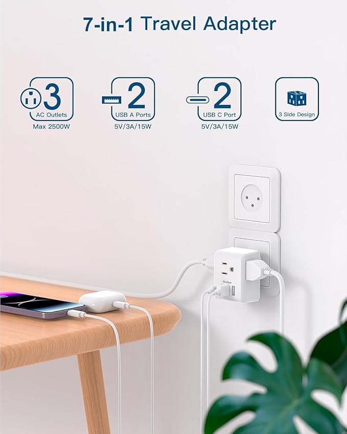2 Pack Israel Power Adapter, One Beat Israel Travel Plug Adapter with 3 American Outlets 4 USB Ports (2 USB C), 7 in 1 Type H Travel Adapter Plug Converter for US to Israel, Jerusalem, Palestine
