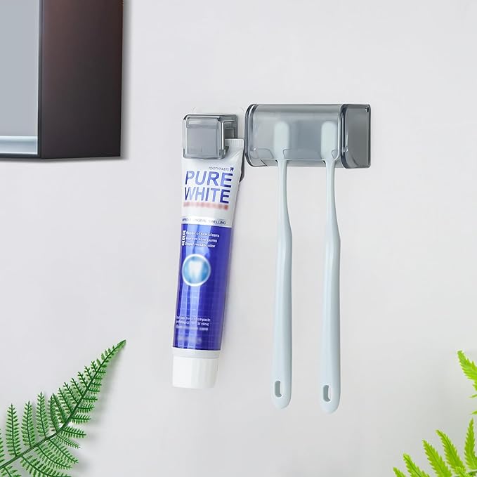 Toothbrush Holder Wall Mounted with Cover for Bathroom, 2 Slots Toothbrush Storage Organizer for Shower, Self Adhesive Toothbrush Hanger with Toothpaste Clip