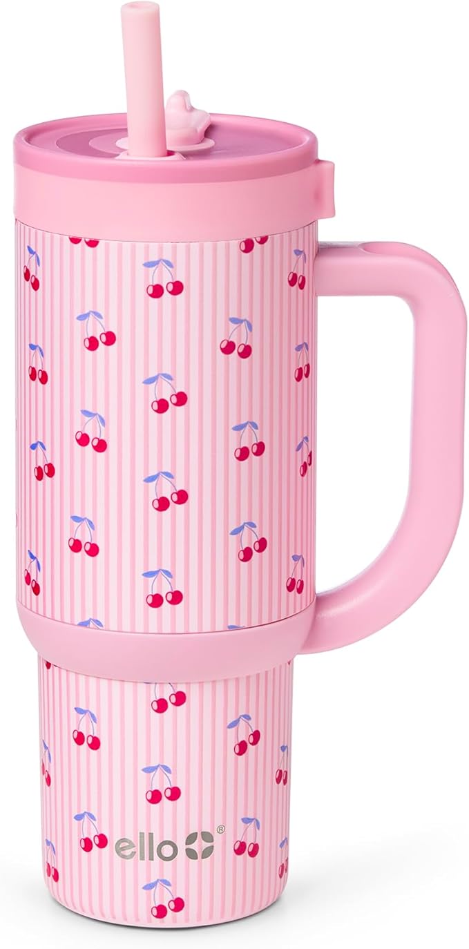 Ello Oasis 18oz Stainless Steel Kids Tumbler with Handle & Retracting Straw, 100% Leakproof, Double-Wall Vacuum Insulated, Kids Water Bottle for School, BPA Free, Dishwasher Safe, Preppy Cherries