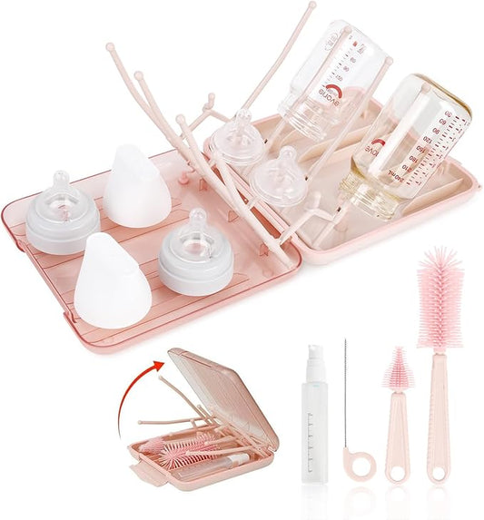 Baby Bottle Brush Set, 6-in-1 Travel Bottle Cleaning Kit with Silicone Bottle Brush, Nipple & Straw Brush, Soap Dispenser, Drying Rack, Storage Box – Compact Travel Baby Essential for Home & On-The-Go