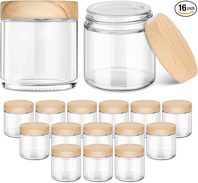 16 Pack Small Glass Jars with Lids, 4 oz Glass Containers with Plastic Woodgrain Lids & Inner Liners, Reusable Travel Containers for Creams, Makeup, Lotion, Cosmetic, Ointment