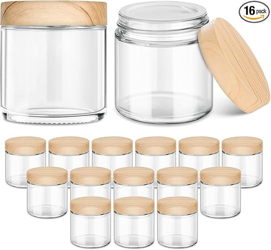 16 Pack Small Glass Jars with Lids, 4 oz Glass Containers with Plastic Woodgrain Lids & Inner Liners, Reusable Travel Containers for Creams, Makeup, Lotion, Cosmetic, Ointment