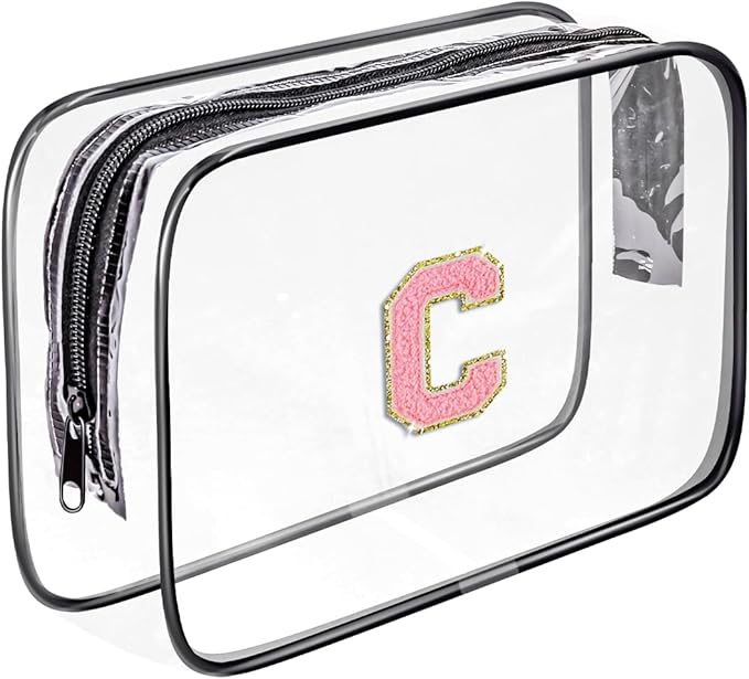 Clear Toiletry Bag,Portable Travel Toiletry Bag,Chenille Letter Cosmetic Bag with Zipper,Waterproof Makeup Bag,Cosmetic Storage Organizer for Women Men,Travel Essentials (Black,C)