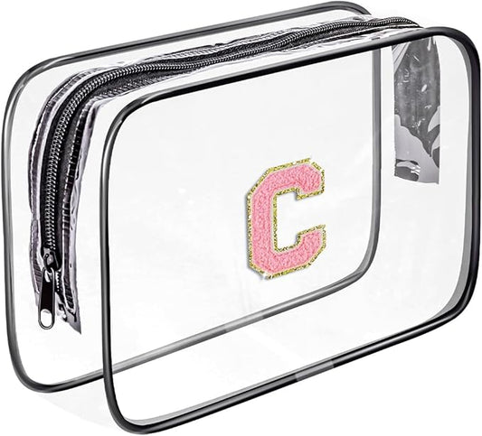 Clear Toiletry Bag,Portable Travel Toiletry Bag,Chenille Letter Cosmetic Bag with Zipper,Waterproof Makeup Bag,Cosmetic Storage Organizer for Women Men,Travel Essentials (Black,C)