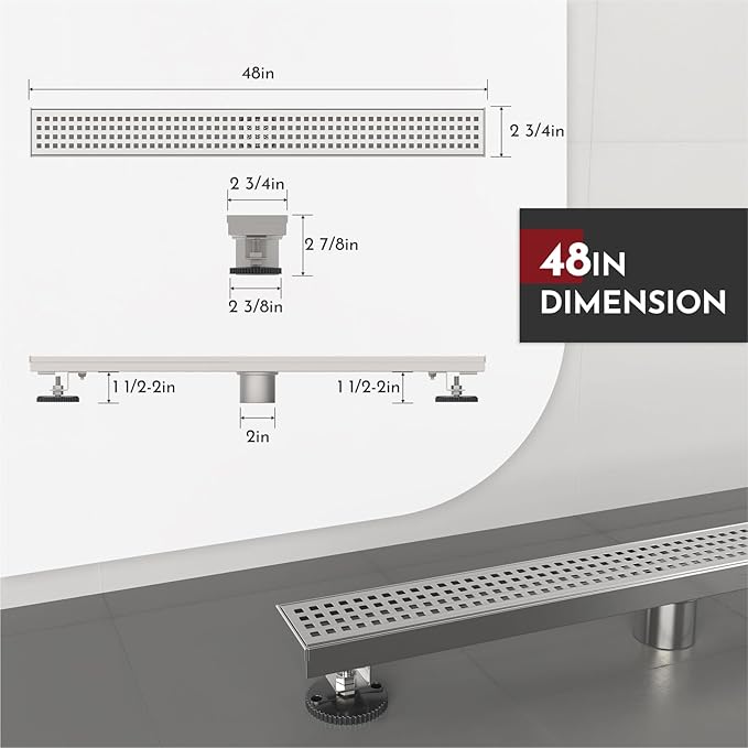 WEBANG 48 Inch Linear Shower Drain Rectangular Floor Drain with Accessories Square Hole Pattern Cover Grate Removable SUS304 Stainless Steel CUPC Certified Brushed