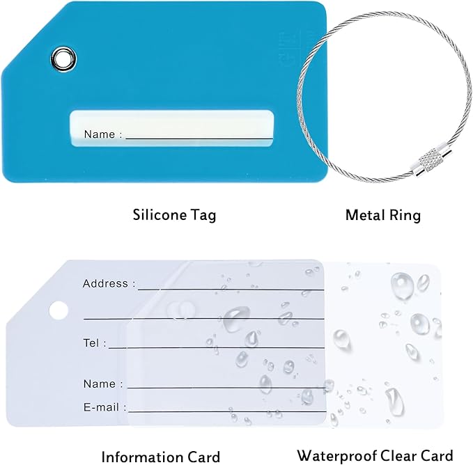 8 Pack Silicone Luggage Tag for Suitcases with Stainless Loop, TSA Approved, Privacy Protection Travel Essentials Bag Tags by Gostwo, Sky Blue