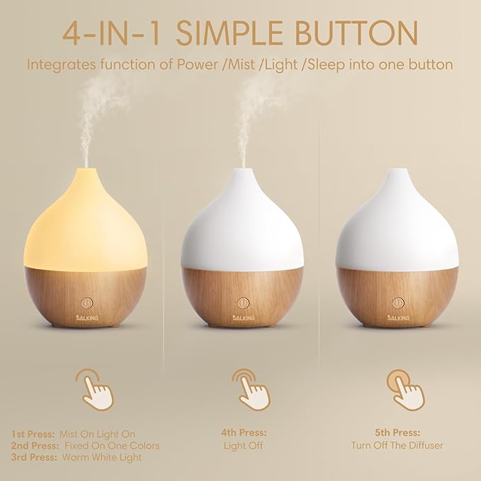 SALKING Essential Oil Diffuser, 100ml Small Aromatherapy Diffuser with Auto Shut-Off Function, Ultrasonic Diffusers for Essential Oils, Cool Mist Humidifier with Warm White Lights, for Office Home