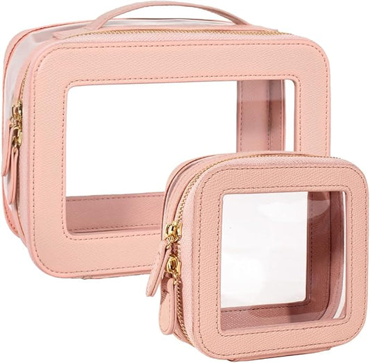 Clear Makeup Bag Set, Small Portable Clear Makeup Bag Cute Waterproof Travel Cosmetic Bag Makeup Pouch TSA Approved Toiletry Bag Women Traveling Car Organizer Car Essentials (Pink, Standard + Mini)