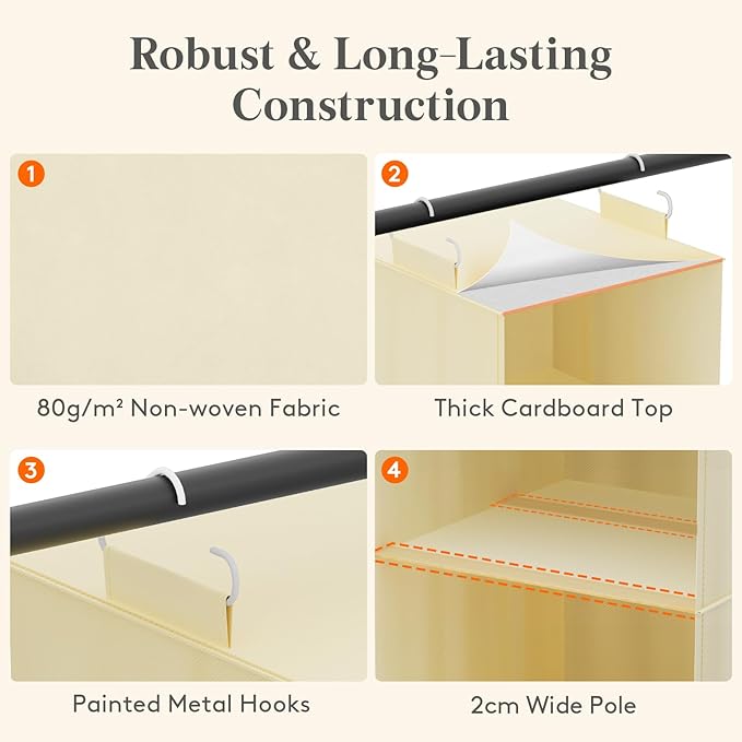 Lifewit 5 Tier Hanging Closet Organizer and Storage for Shelves, Foldable Clothes Storage Shelf with 2 Sturdy Hooks for Clothing Organization, Dorm Room Essentials for Guys, Beige