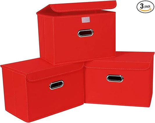 Linen Fabric Foldable Collapsible Storage Cube Bin Organizer Basket Fabric Storage Bins with Lid, Leather Handles, Removable Divider for Home, Closet, Red 3Pcs