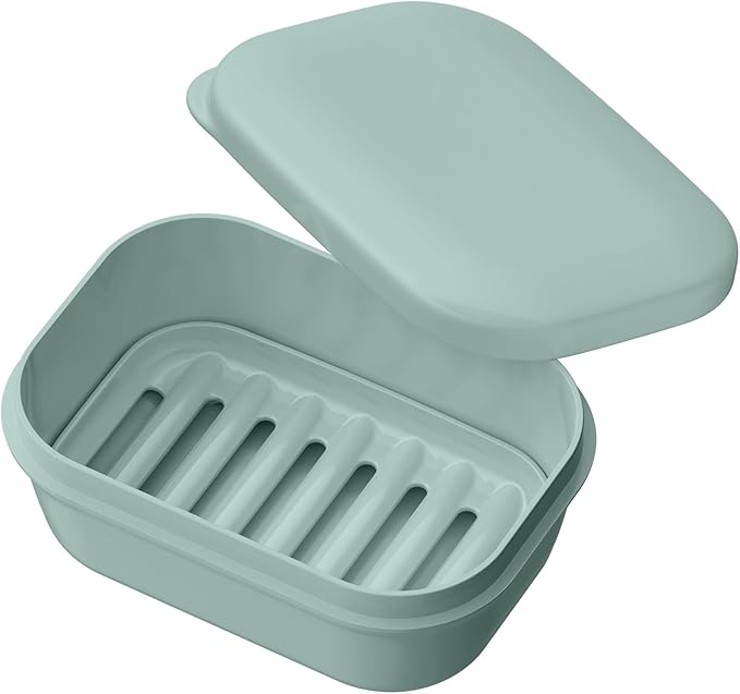 Quatish Leakproof Soap Dish with Lid & Draining Layer, Shatterproof Travel Bar Soap Holder Case Container, Portable Travel Size Toiletries Essentials for Camping, Gym, Bathroom, Greygreen