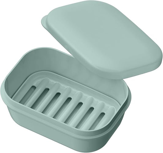 Quatish Leakproof Soap Dish with Lid & Draining Layer, Shatterproof Travel Bar Soap Holder Case Container, Portable Travel Size Toiletries Essentials for Camping, Gym, Bathroom, Greygreen