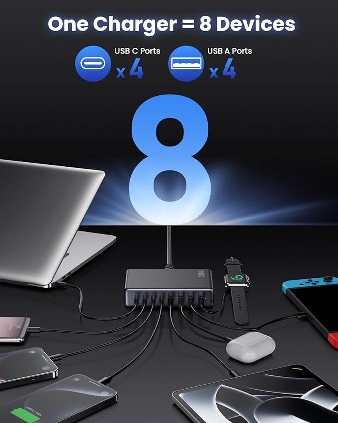 200W USB C Charger Block, GaN IV Charging Station 8 Ports, QC4.0 Fast Charging Station Hub + PD 65W USB C Laptop Charger Adapter Compatible with MacBook Air/Pro, DELL, iPhone 17/16/15, iPad, Steam Deck - Black