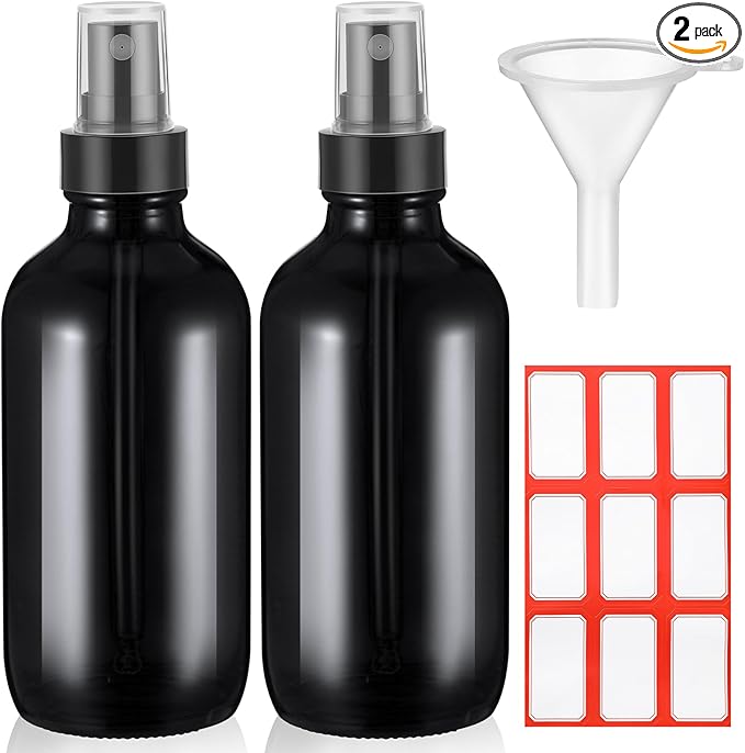 Fumete 2 Pack Glass Bottles 4oz Empty Refillable Liquid Containers with 1 Label 1 Funnel for Essential Oils Hair Travel Plants Cleaning Skin Care(Black, Black Top,Mist Bottle)