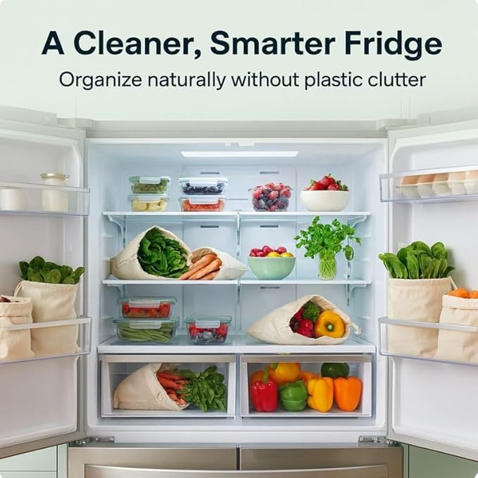 100% Reusable Cotton Produce & Bread Storage Bags, Pack of 6 (2 L, 2 M, 2 S), Breathable Muslin, Vegetable, Fruit Bags with Drawstring | Eco-Friendly Fridge & Kitchen Storage | Reusable, Eco-Friendly | Pure Cotton Material