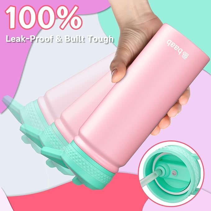 baab 20oz Kids Water Bottle, Insulated Water Bottle with Straw & Stickers, 18/8 Stainless Steel Vacuum Leakproof Kids Water Straw Cup for School, Perfect for Boy Girl (Pink+Purple, 2 Pack)
