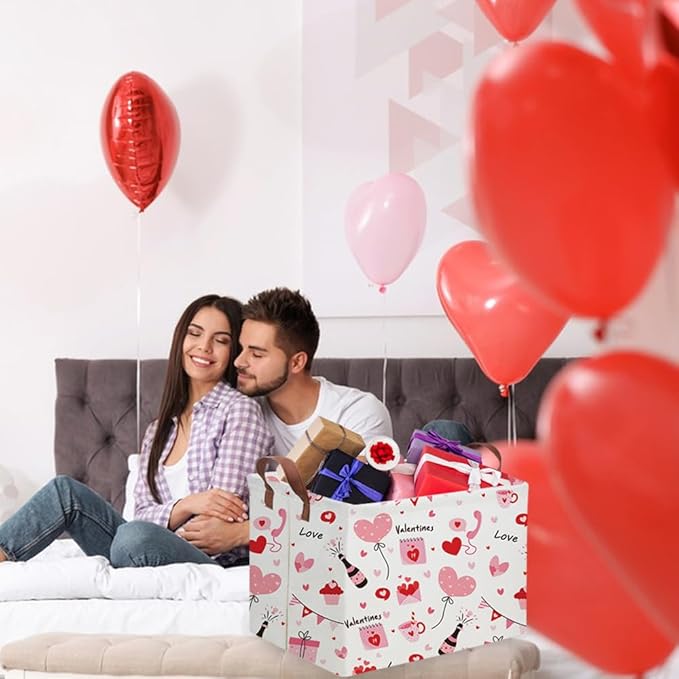 Rectangular Pink Valentine's Day Gift Basket,nursery basket,Pink girls gift baskets,kids toy storage Bin, Love Heart Room Decor for Home,Shelf Baskets(Balloon Love)