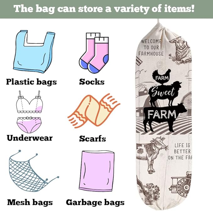 2Pcs Farmhouse Plastic Bag Holder for Kitchen Essentials, Reusable Hanging Grocery Bag Organizer, Washable Large Grocery Trash Bags Storage Dispenser, Farmhouse Home Decor