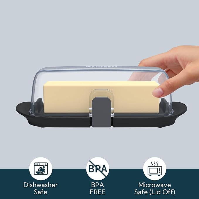 KITCHENDAO One-handed Airtight Butter Dish with Lid for Countertop and Refrigerator Door Shelf, Butter Holder with One Press to Open/Close Secure Latching Buckle for West/East Coast Butter (Black)