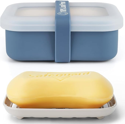 Compact Leakproof Travel Soap Case with Lid & Silicone Strap - Portable Draining Soap Bar Holder for Gym, Bathroom, Camping - Lightweight Silicone Soap Dish Container (Blue)
