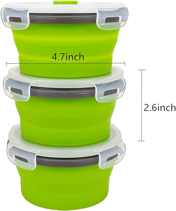 CCyanzi 3piece Round Collapsible Bowl with Lids, Silicone Food Storage Containers, Microwave & Freezer Safe, Space Saving for Kitchen Cabinet and Camping Backpack,(Green Gray)