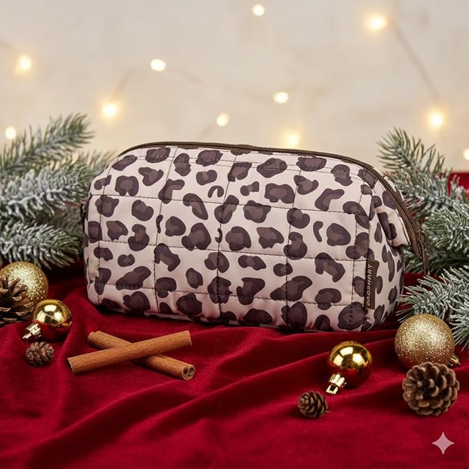 BAGSMART Makeup Bag Travel Toiletry Bag, Puffy Padded Makeup Bags for Women Makeup Organizer Case, Wide-open Pouch Purse Travel Essentials Toiletries Accessories Brushes, Leopard