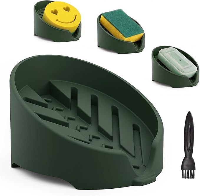 NiHome Silicone Sponge Holder Compatible with Scrub Daddy Mommy Sponges for Kitchen & Bathroom, Auto Draining Organizer, Holds Multiple Sponges & Cleaning Tools, Food-Grade,Dishwasher Safe(Dark Green)