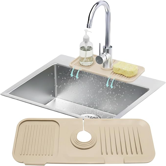 14.6” Silicone Faucet Mat For Kitchen Sink, Kitchen Sink Splash Guard Behind Faucet, Kitchen Faucet Mat For Kitchen Sink, Kitchen Sink Faucet Mat Splash Guard and Sink Water Splash Guard (Beige)
