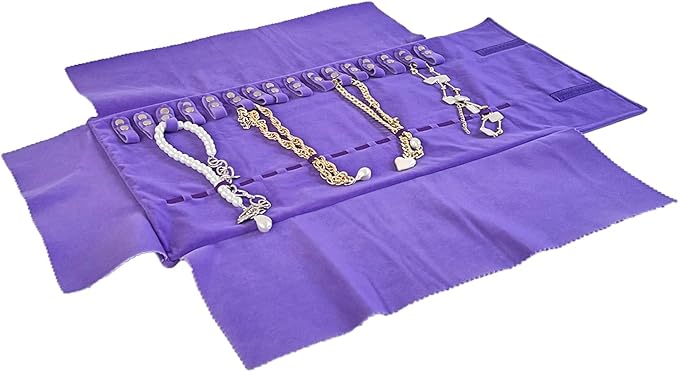 UnionPlus Velvet Travel Jewelry Roll Bag Organizer for Necklace, Elastic Band and Anti-winding, Purple