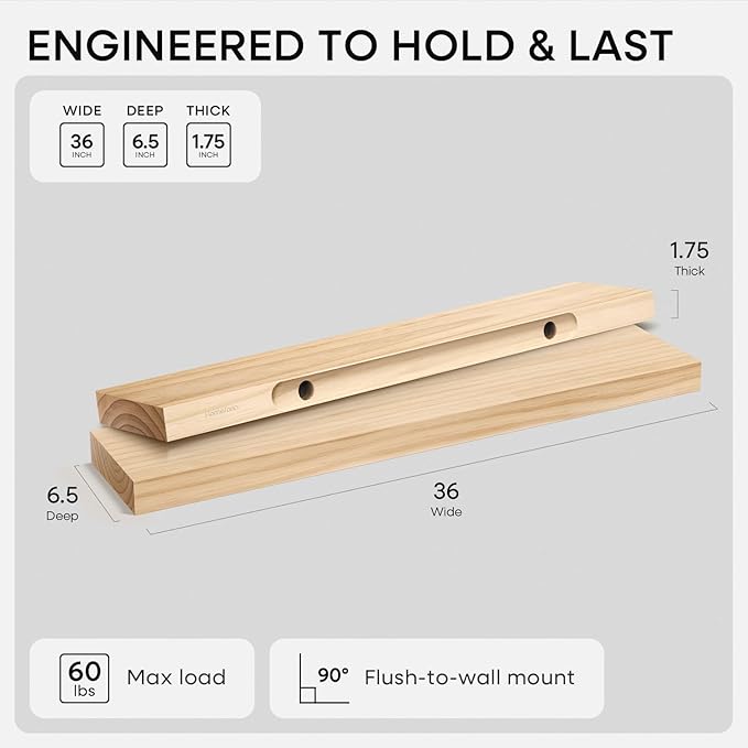 Homeforia 36 inch Natural Floating Shelf, High-End Solid Real Wood 36-inch Small Floating Shelves for Wall Mounted, Natural Wooden Floating Shelves, Heavy Duty Bracket, 36 X 6.5 X 1.75 in, Set of 4