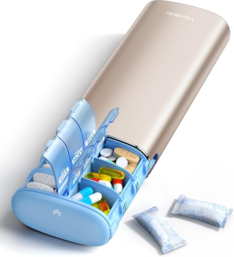 Vaydeer Metal 7 Day Pill Organizer 2 Times a Day – AM PM Weekly Travel Pill Case with Moisture-Proof Desiccant, Airtight Large Capacity Pill Box for Vitamins, Medications & Supplements (Champagne)