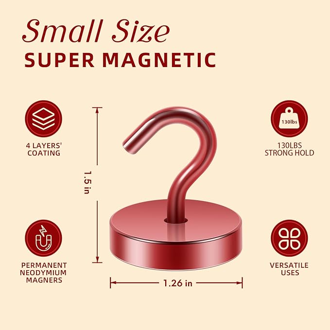 Neosmuk Magnetic Hooks, Cruise Ship Essentials, 130lb+ Heavy Duty Magnetic Hooks for Cruise Cabins, Refrigerator, Grill, Hanging, and Travel | Extra Strong Must-Have Magnet Hook, Red