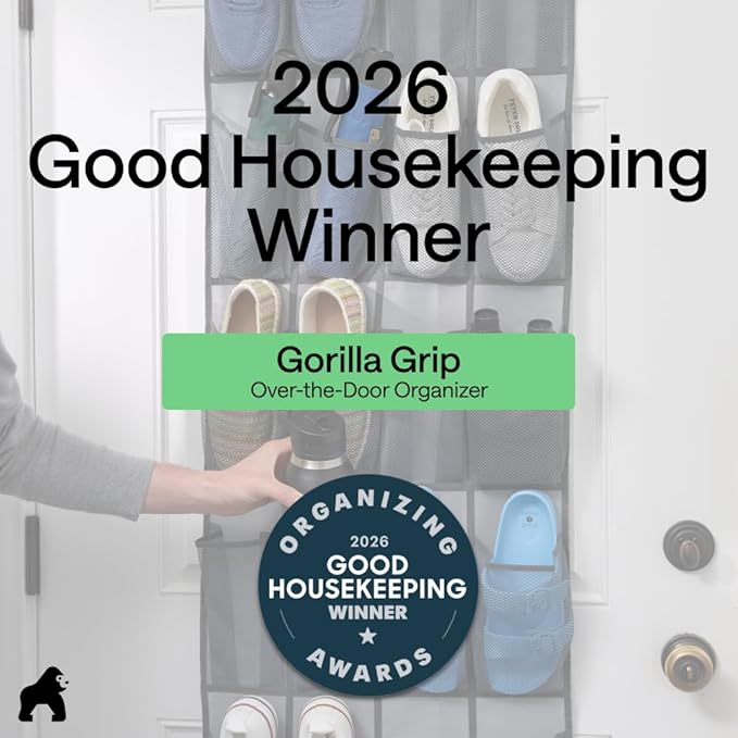 GORILLA GRIP Over the Door Shoe Organizer, 2 Pack, 24 Breathable Mesh Pockets, Space Saving Hanging Storage Holder, Closet Rack Hanger Holds Up to 40 lbs, Hangs on Closets, Shoes, Accessories, Grey