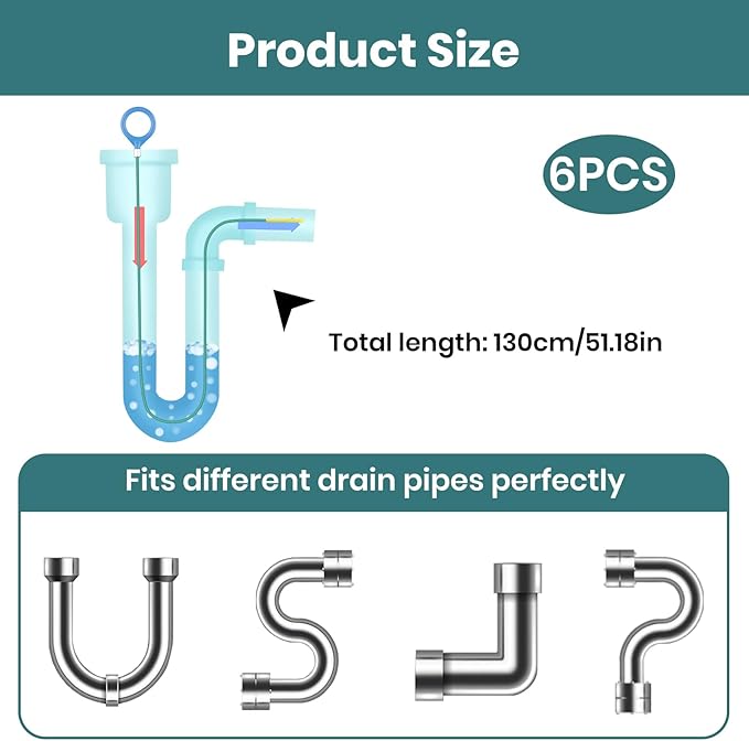 51 Inch Anti-Break Metal Drain Snake, Nylon-Coated Drain Clog Remover, Flexible Hair Blockage Cleaner Tool for Shower, Bathroom Sink & Tub, Reusable Pipe Unclogger for Home Use (6 Pack) (Green)