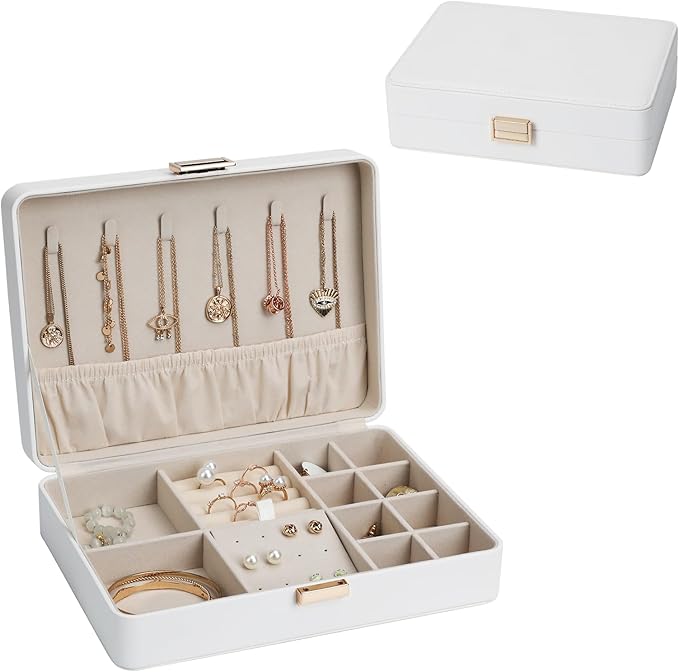 Jewelry Box Secure Travel Jewelry Case Anti-Tarnish Single Layer Organizer for Rings, Earrings, Pendants, Necklaces Compact for Home & Storage White
