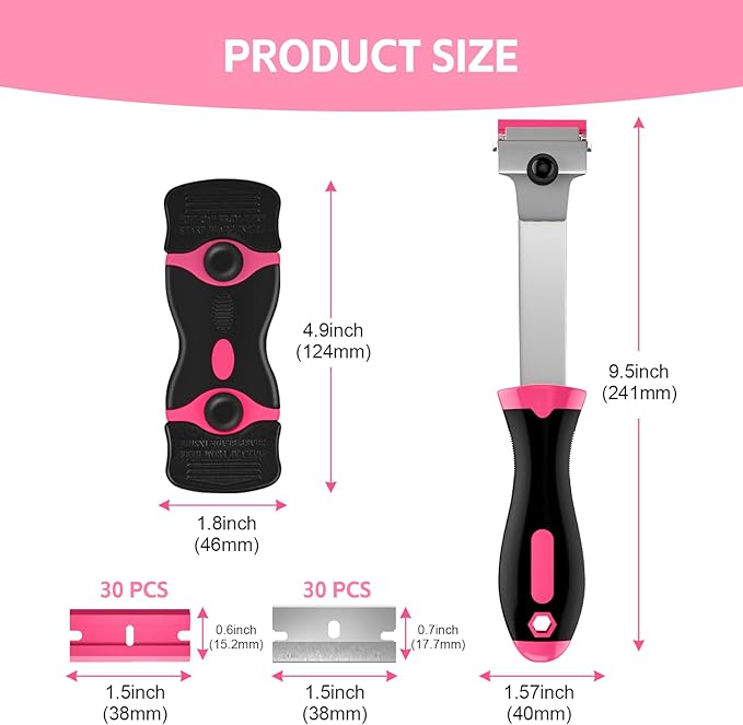 Ywmoml 3 Pack Razor Blade Scraper Set, Includes 30 Plastic & 30 Metal Blades, Multi-Purpose Tool for Glass, Cooktop, Sticker Removal, Paint & Gum Cleaning (Pink)