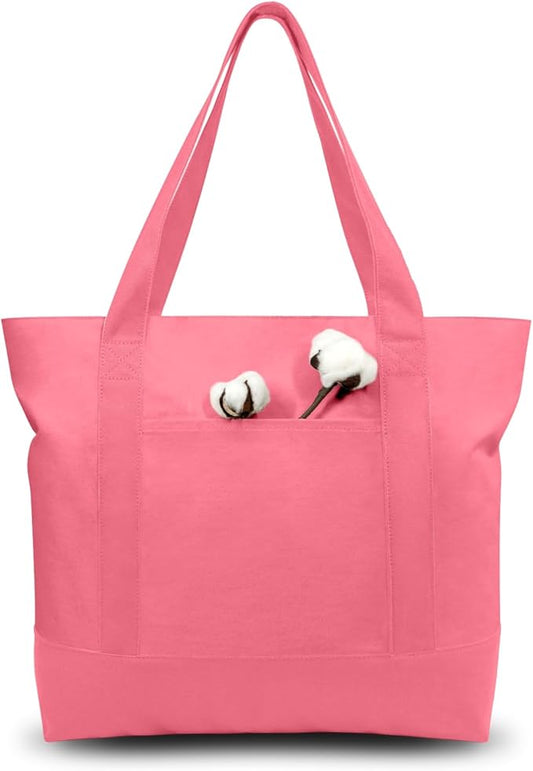 TOPDesign 6-Pack Canvas Tote Bags with an External Pocket, Reusable Grocery Shopping Bags, Top Zipper Closure, Daily Essentials (Rose Pink)