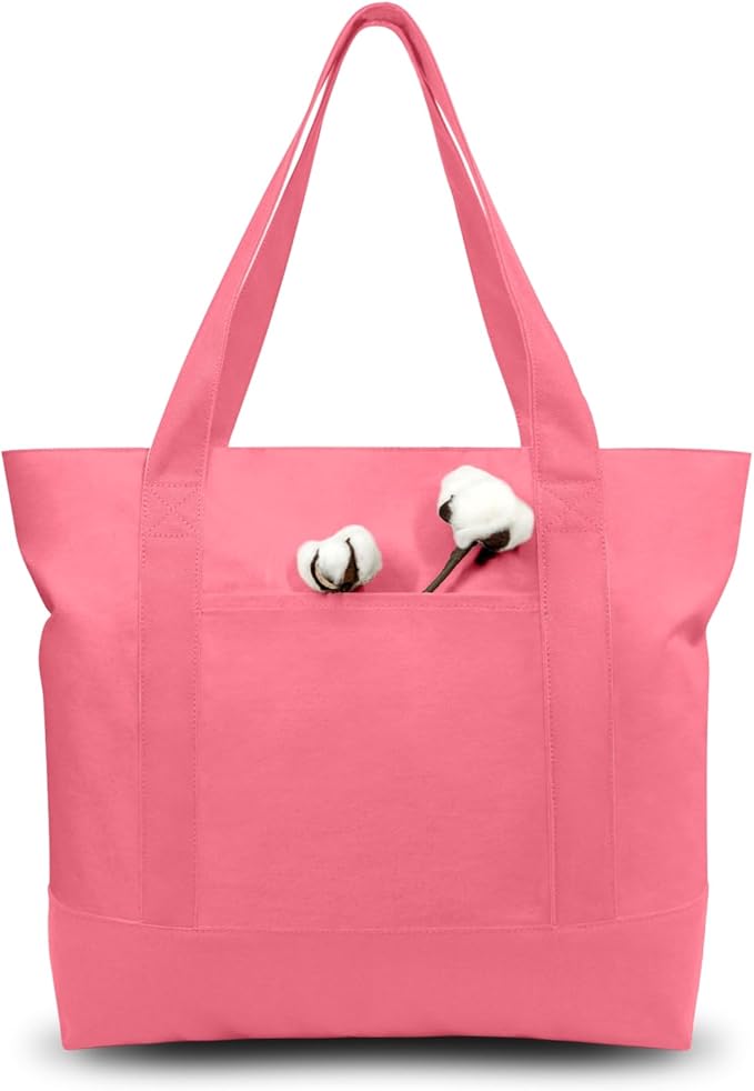 TOPDesign 3-Pack Canvas Tote Bags with an External Pocket, Reusable Grocery Shopping Bags, Top Zipper Closure, Daily Essentials (Rose Pink)