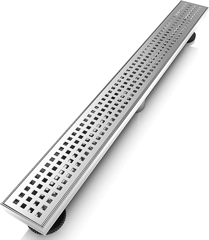 WEBANG 28 Inch Linear Shower Drain Rectangular Floor Drain with Accessories Square Hole Pattern Cover Grate Removable SUS304 Stainless Steel CUPC Certified Brushed