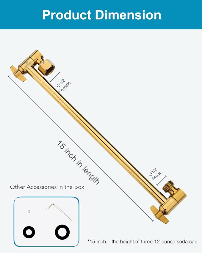 15 Inch Extra Long Adjustable Shower Head Extension Arm With Locking Set Screw, Singing Rain 304 Stainless Steel Angle Height Adjustable, G1/2 Universal Connector Compatible (Egyptian Gold)