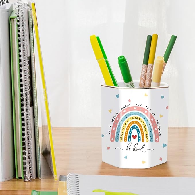WAVEYU Pen Holder for Desk, Cute Ceramic Pencil Holder, Pen Cup Marker Holder Makeup Brush Holders, Desk Accessories & Workspace Organizers for Office, Home, Rainbow Pattern
