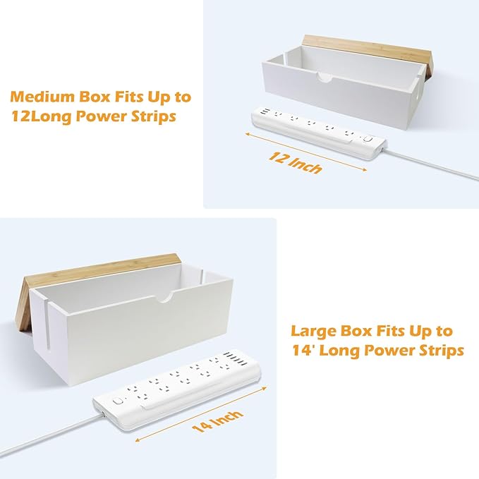 Bamboo Cable Management Box, Large Cord Organizer Box Cable Box to Hide Wires & Power Strips for Desktop Storage Cord Holder for Office Home, No Assembly Required