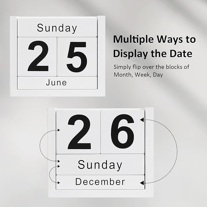 Wooden Block Calendar for Desk, Daily Desktop Perpetual Desk Calendar, Cute Date Display Blocks Desk Accessory for Home Office Decor, Teacher, Classroom, Reusable Yearly, White