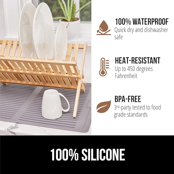 GORILLA GRIP 100% BPA-Free Patented Silicone Dish Drying Mat for Kitchen Counter, Water Catching Ribbed Design, Easy Clean Waterproof Sink Liner, Heat Resistant, Fits Under Rack, 11x13 Inch, Gray