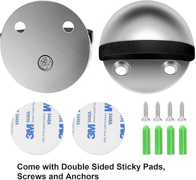 10 Pack Door Stoppers Self Adhesive Stainless Steel Floor Door Stop No Drill with Rubber Bumper Wall Protector, Brushed Silver