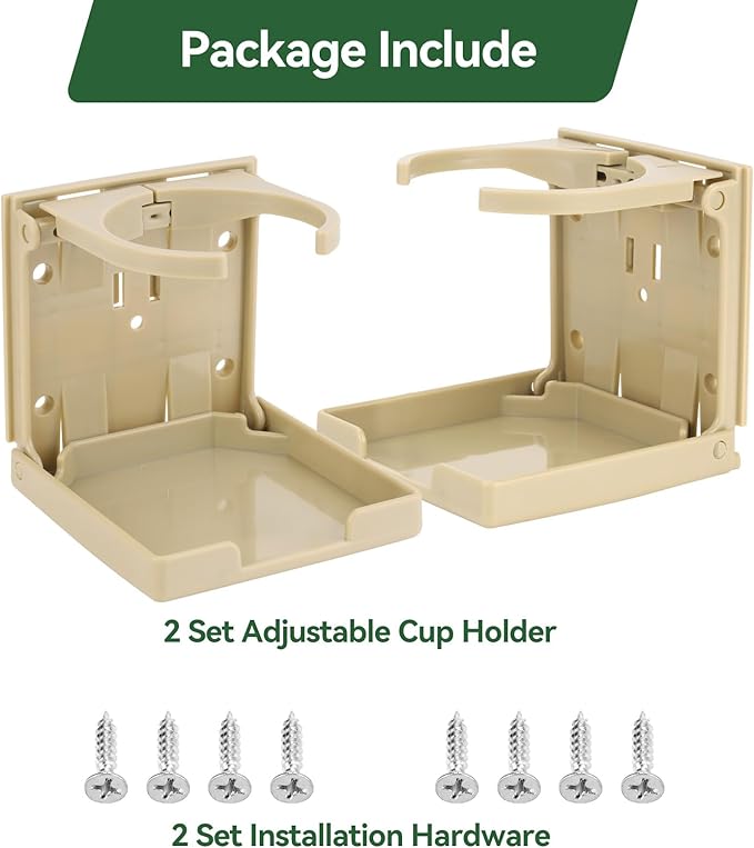 2pcs Adjustable Folding Cup Holder Automotive Water Drink Bottle Holder, fit Most Size Mugs Bottle, with Screws and Tapes, for Car Auto Truck RV Boat Van Camper Caravan Marine Yacht (Beige)