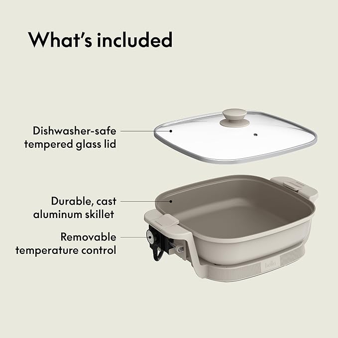bella Make & Take Electric Skillet, Fits-anywhere™ kitchenware, EverGood™ Ceramic Coating, Adjustable Temperature & Dishwasher-Safe Tempered Glass Lid, Cast Aluminum Base, 1200 Watt, Oatmilk